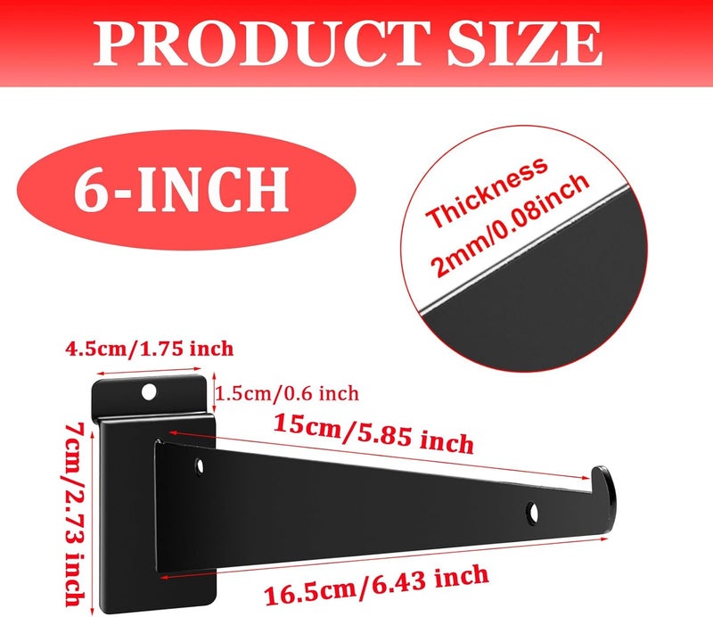 ALISWAT 24Pack Slatwall Shelf Brackets 6 Inch, Heavy Duty Shelf Bracket for Slat Wall, Black Metal Slatwall Accessories, Slat Wall Shelf Bracket with Lip for Slatwall Panels Shelves Display Home Commercial - Image 2